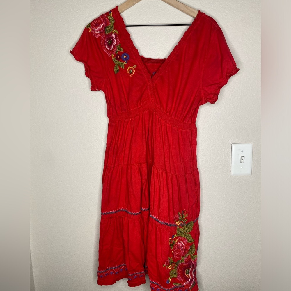 Johnny Was Tiered Embroidered Short Sleeve Midi Dress / Red / XL